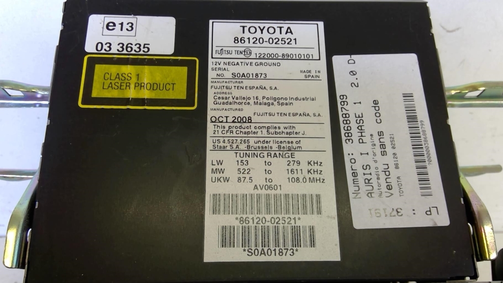 Autoradio originale TOYOTA AURIS 1 PHASE 1 Diésel - 1